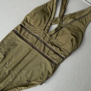 Olive Green One-Piece Swimsuit with Lattice Detail